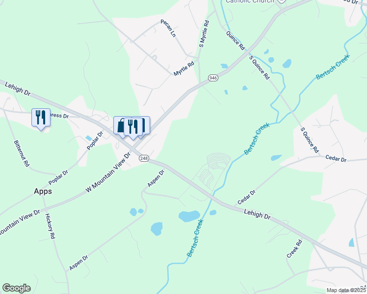 map of restaurants, bars, coffee shops, grocery stores, and more near 4560 Lehigh Drive in Walnutport