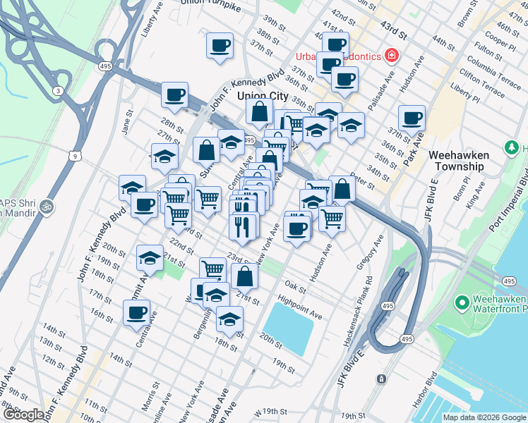map of restaurants, bars, coffee shops, grocery stores, and more near 2601A Bergenline Avenue in Union City