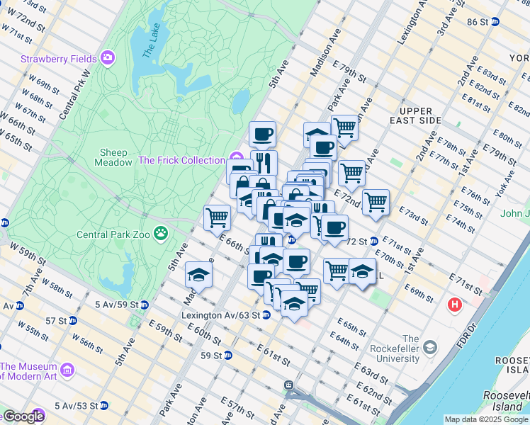 map of restaurants, bars, coffee shops, grocery stores, and more near 72 East 69th Street in New York