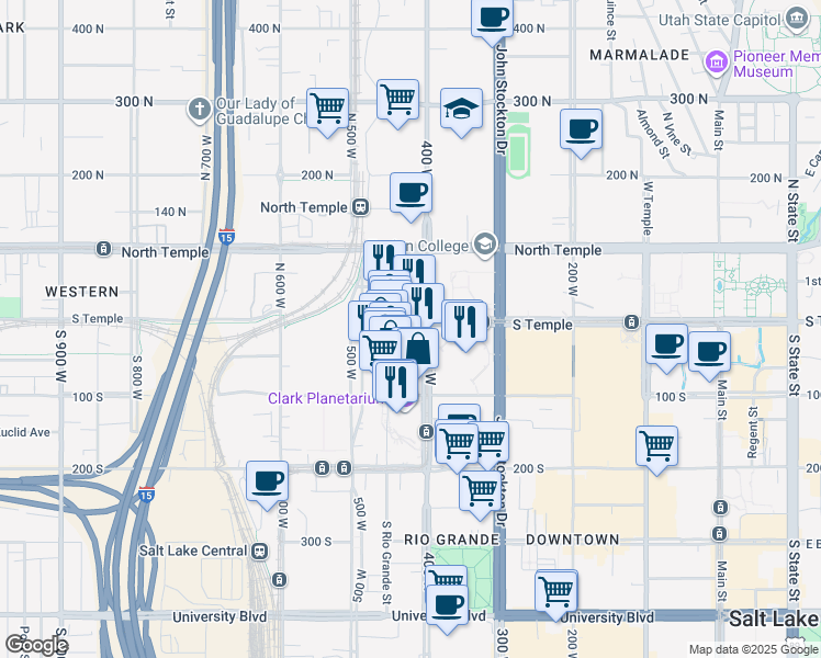 map of restaurants, bars, coffee shops, grocery stores, and more near 18 North Rio Grande Street in Salt Lake City
