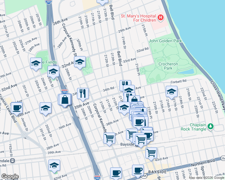map of restaurants, bars, coffee shops, grocery stores, and more near 211-15 35th Avenue in Queens