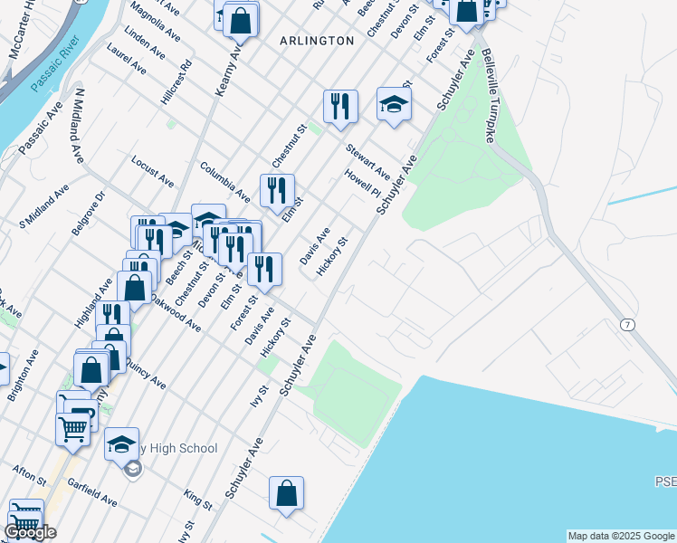 map of restaurants, bars, coffee shops, grocery stores, and more near 625 Schuyler Avenue in Kearny