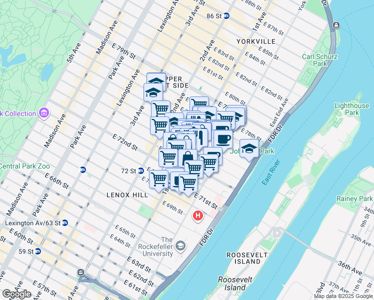 map of restaurants, bars, coffee shops, grocery stores, and more near 402 East 74th Street in New York