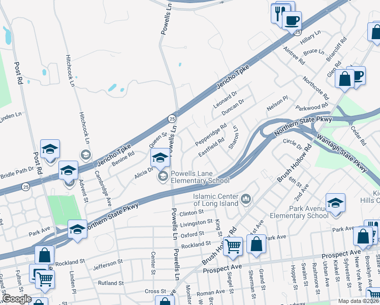 map of restaurants, bars, coffee shops, grocery stores, and more near 814 Eastfield Road in Westbury