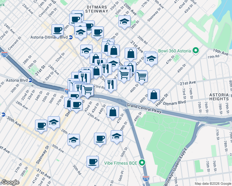 map of restaurants, bars, coffee shops, grocery stores, and more near 43-12 23rd Avenue in Queens