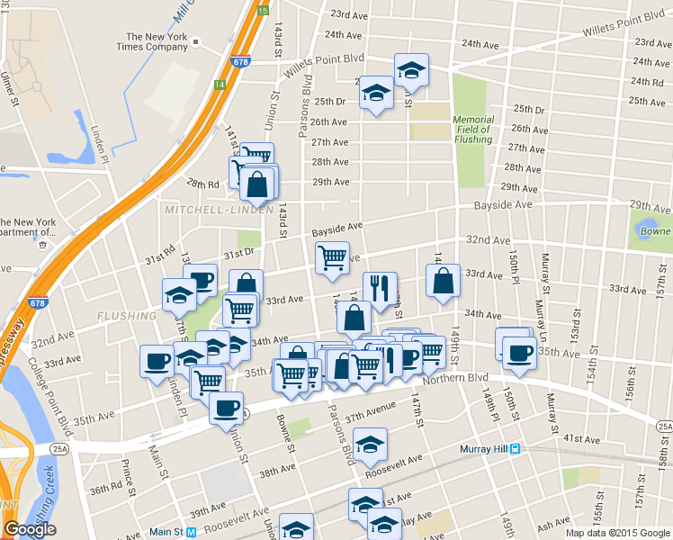 map of restaurants, bars, coffee shops, grocery stores, and more near 144-36 32nd Avenue in Queens