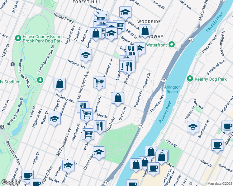 map of restaurants, bars, coffee shops, grocery stores, and more near 96 Lincoln Avenue in Newark