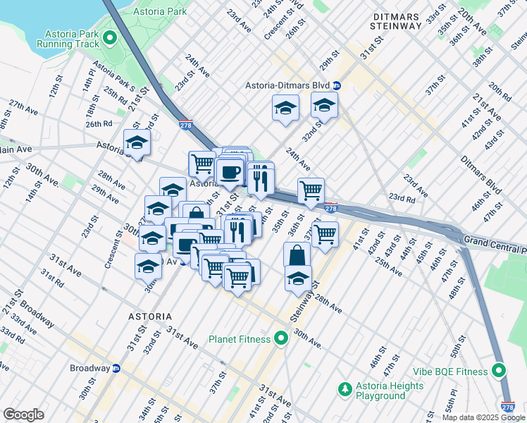 map of restaurants, bars, coffee shops, grocery stores, and more near 25-48 34th Street in Queens