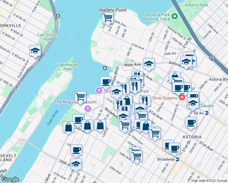 map of restaurants, bars, coffee shops, grocery stores, and more near 11-24 31st Avenue in Queens