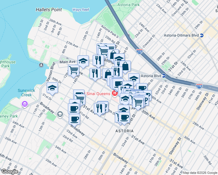 map of restaurants, bars, coffee shops, grocery stores, and more near 23-19 30th Avenue in Queens