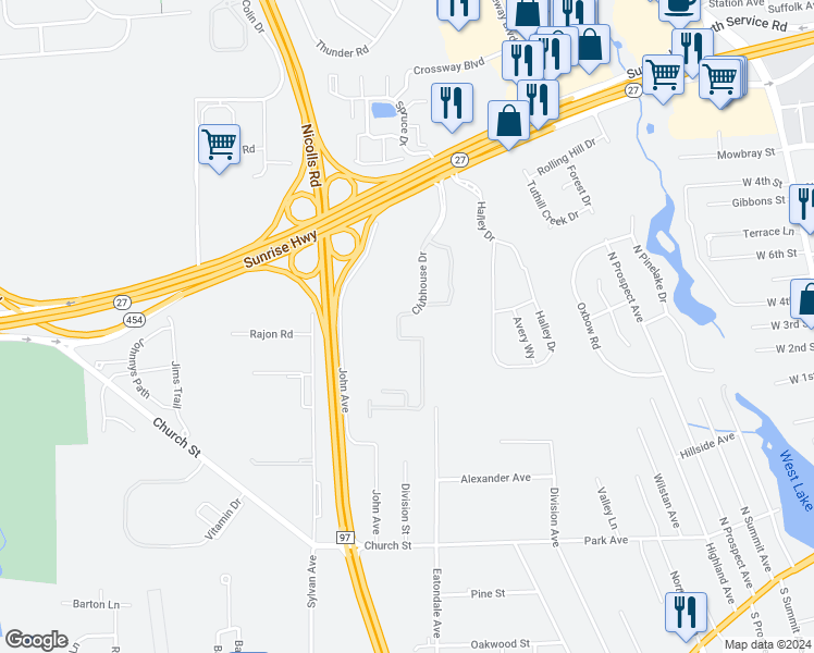 map of restaurants, bars, coffee shops, grocery stores, and more near 307 Clubhouse Drive in Patchogue
