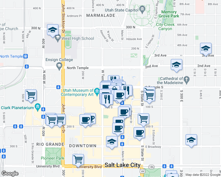map of restaurants, bars, coffee shops, grocery stores, and more near 50 South Main Street in Salt Lake City