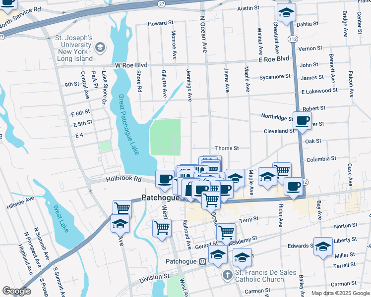 map of restaurants, bars, coffee shops, grocery stores, and more near 44 Jennings Avenue in Patchogue