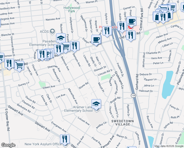 map of restaurants, bars, coffee shops, grocery stores, and more near 29 Meryll Place in Plainview