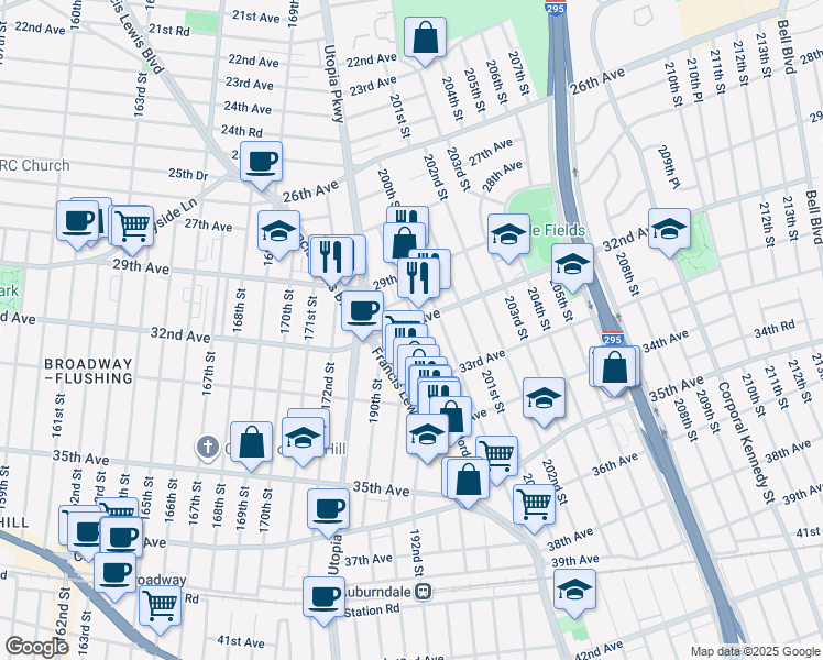 map of restaurants, bars, coffee shops, grocery stores, and more near 198-11 32nd Road in Queens