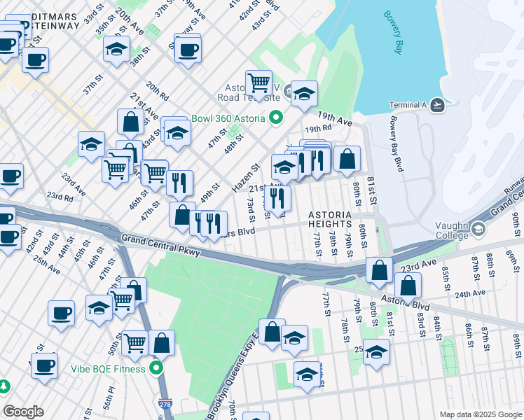 map of restaurants, bars, coffee shops, grocery stores, and more near 73-05 Ditmars Boulevard in Queens