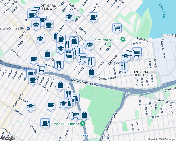 map of restaurants, bars, coffee shops, grocery stores, and more near 22-09 49th Street in Queens