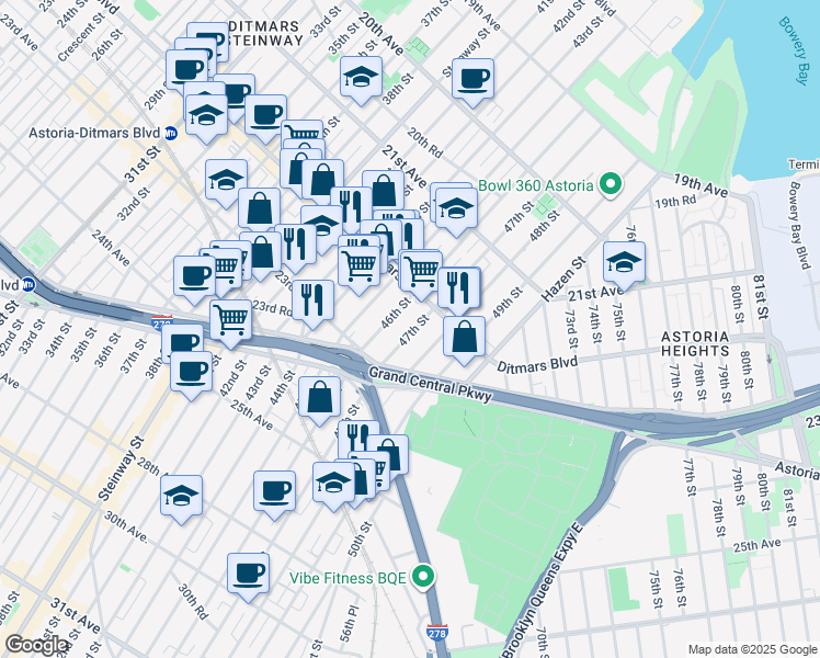 map of restaurants, bars, coffee shops, grocery stores, and more near 22-38 48th Street in Queens
