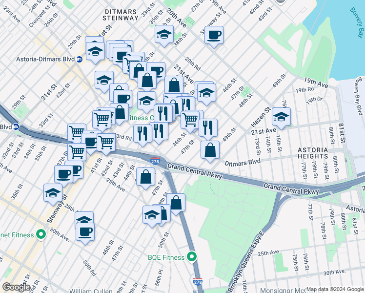 map of restaurants, bars, coffee shops, grocery stores, and more near 22-64 47th Street in Queens