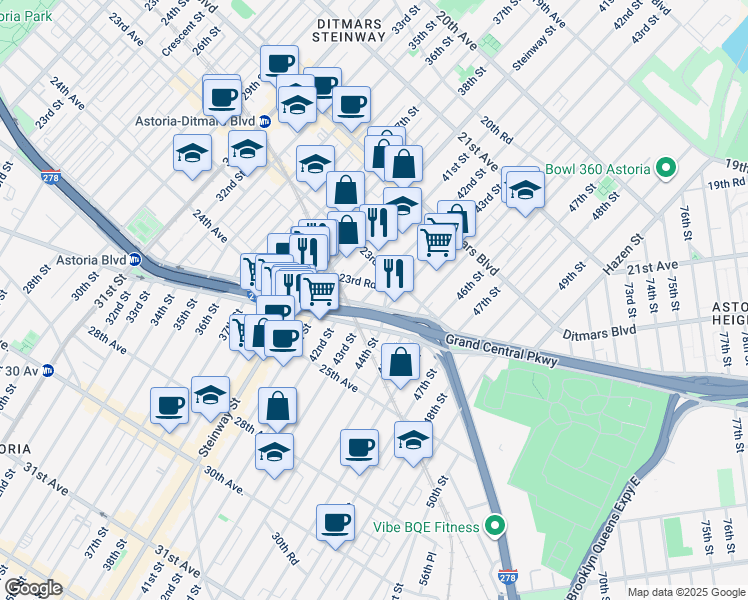 map of restaurants, bars, coffee shops, grocery stores, and more near 4302 Astoria Boulevard South in Queens