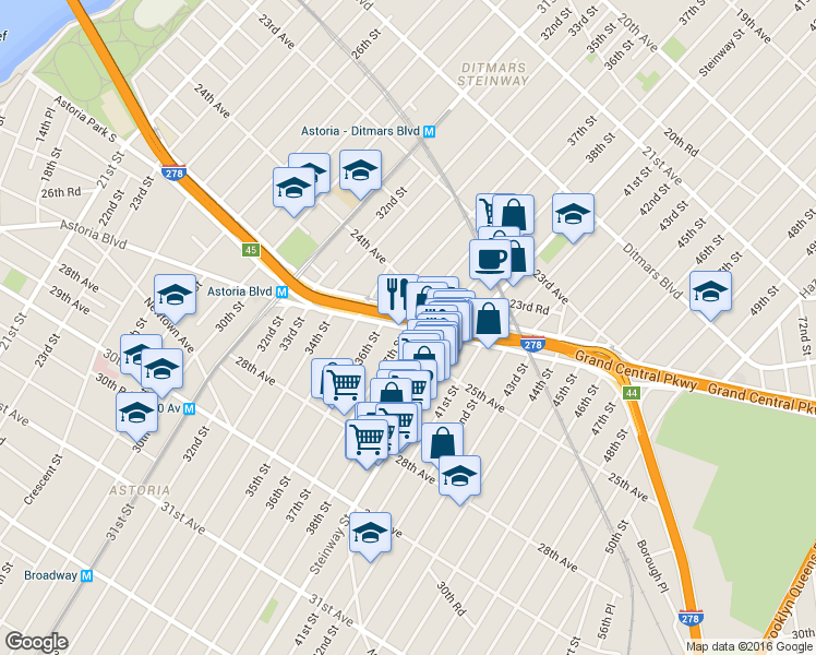map of restaurants, bars, coffee shops, grocery stores, and more near 2512 Steinway Street in Queens