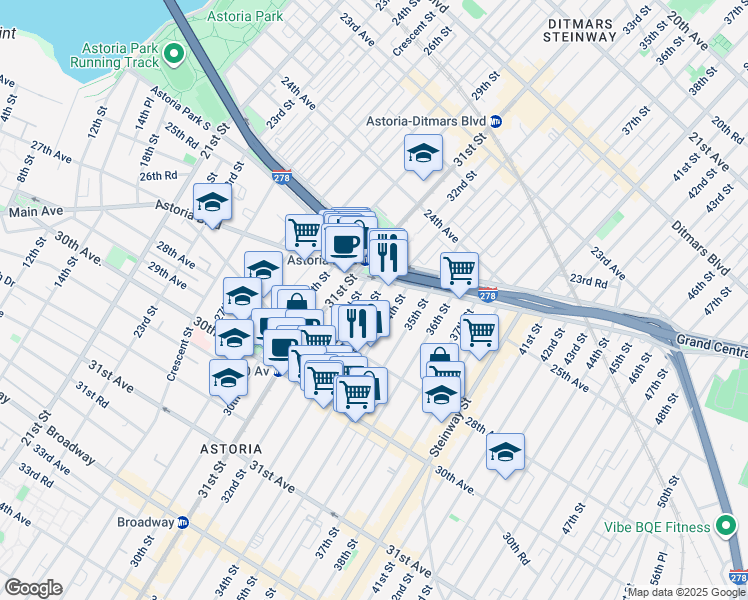 map of restaurants, bars, coffee shops, grocery stores, and more near 25-48 34th Street in Queens
