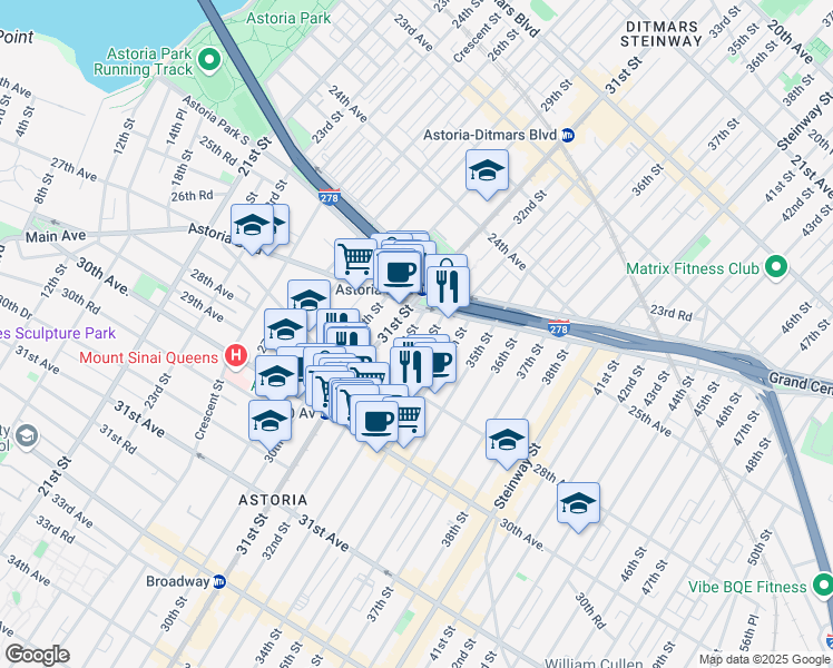 map of restaurants, bars, coffee shops, grocery stores, and more near 25-55 32nd Street in Queens