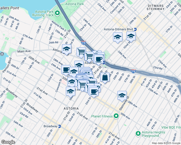 map of restaurants, bars, coffee shops, grocery stores, and more near 30-15 Newtown Avenue in Queens
