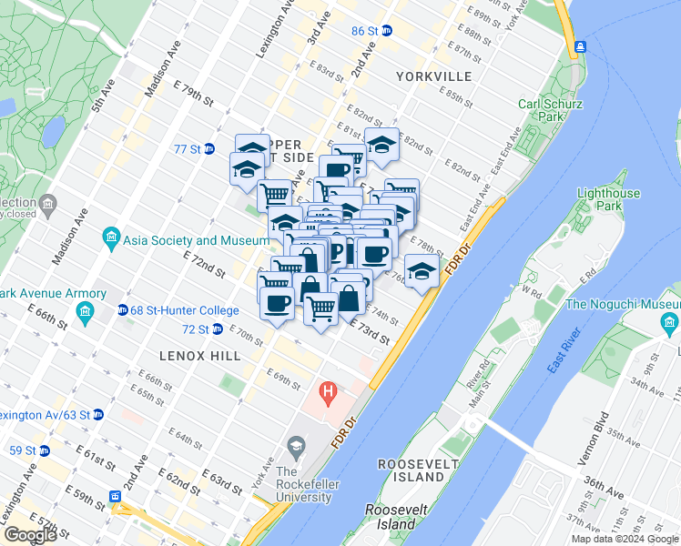 map of restaurants, bars, coffee shops, grocery stores, and more near 1393 York Avenue in New York
