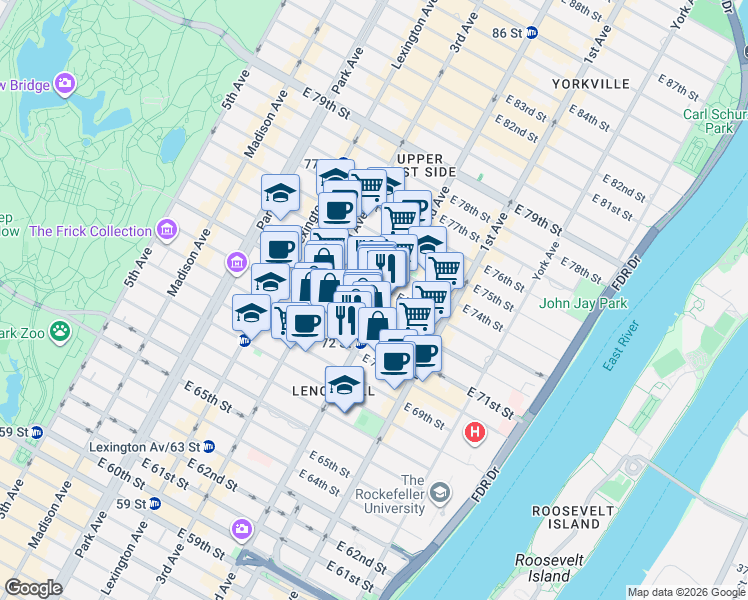 map of restaurants, bars, coffee shops, grocery stores, and more near in New York