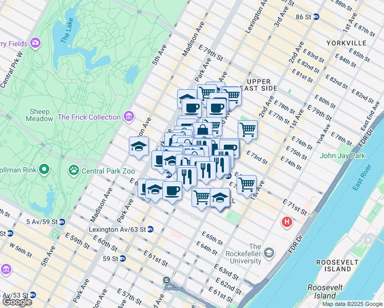 map of restaurants, bars, coffee shops, grocery stores, and more near 201 East 69th Street in New York