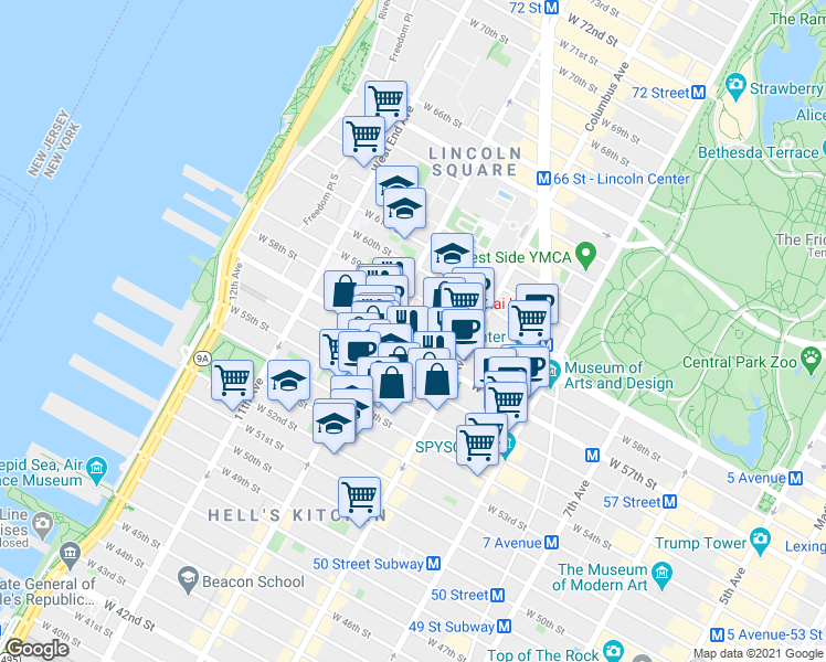map of restaurants, bars, coffee shops, grocery stores, and more near 425 West 57th Street in New York