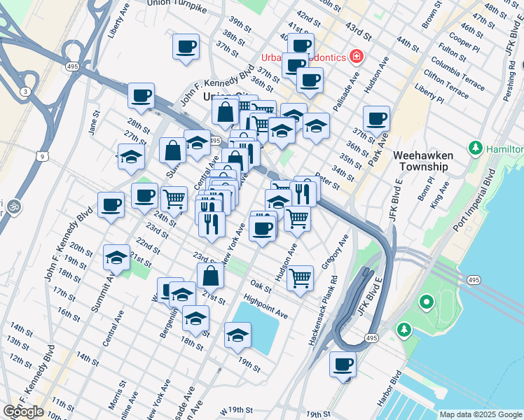 map of restaurants, bars, coffee shops, grocery stores, and more near 311 27th Street in Union City