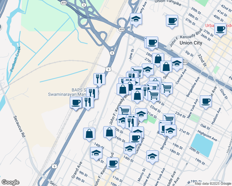 map of restaurants, bars, coffee shops, grocery stores, and more near 2004 Grand Avenue in North Bergen