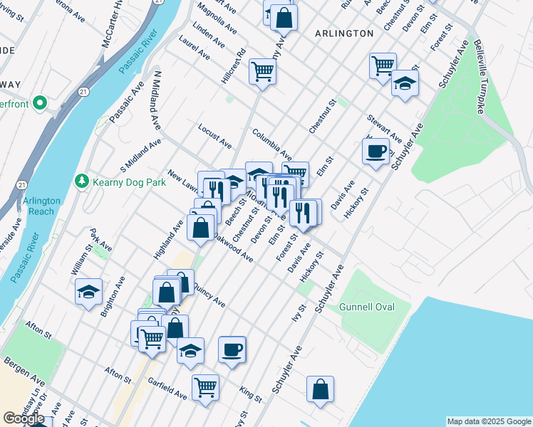 map of restaurants, bars, coffee shops, grocery stores, and more near 441 Elm Street in Kearny