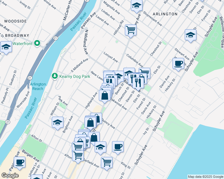 map of restaurants, bars, coffee shops, grocery stores, and more near in Kearny