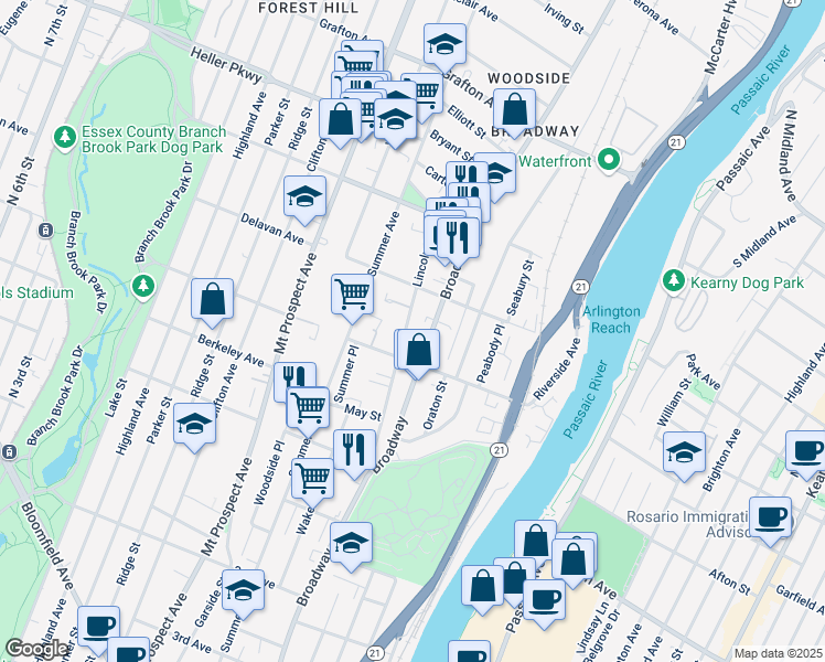 map of restaurants, bars, coffee shops, grocery stores, and more near 96 Lincoln Avenue in Newark
