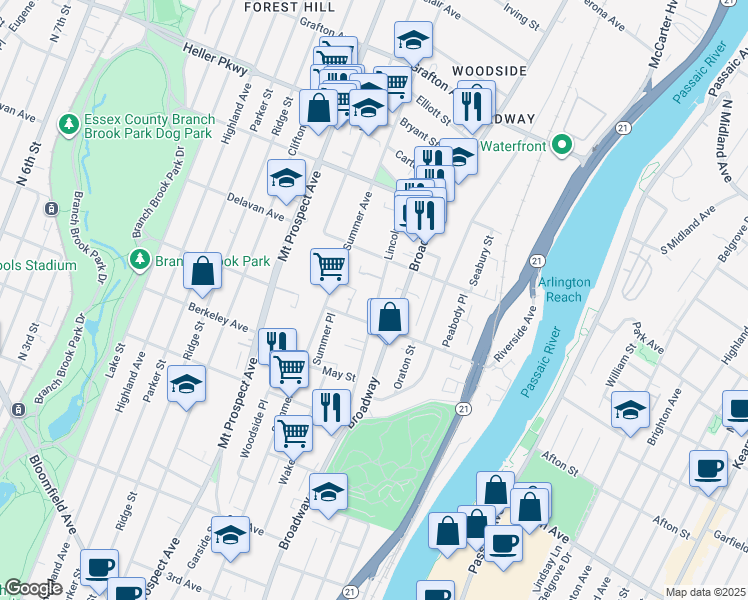 map of restaurants, bars, coffee shops, grocery stores, and more near 96 Lincoln Avenue in Newark