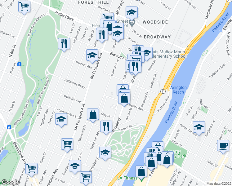 map of restaurants, bars, coffee shops, grocery stores, and more near 96 Lincoln Avenue in Newark