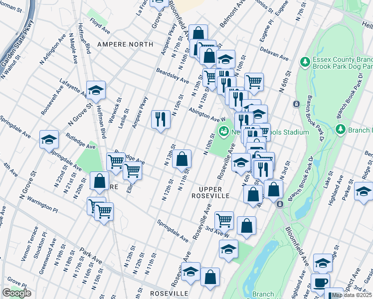 map of restaurants, bars, coffee shops, grocery stores, and more near 284 1st Avenue in Newark
