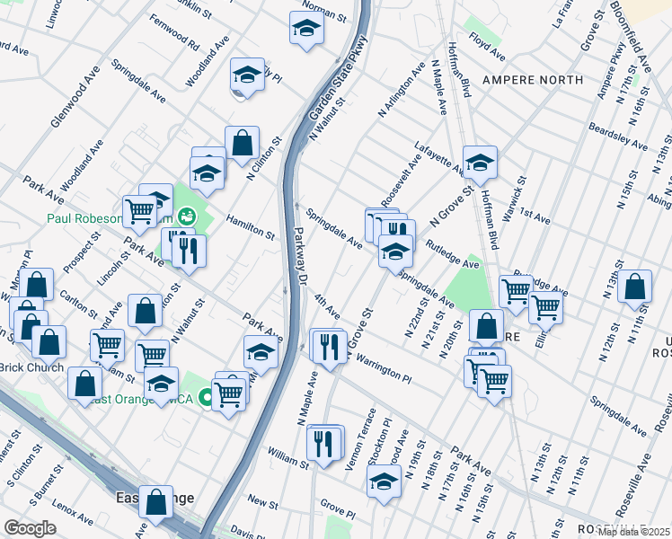 map of restaurants, bars, coffee shops, grocery stores, and more near 327 North Maple Avenue in East Orange