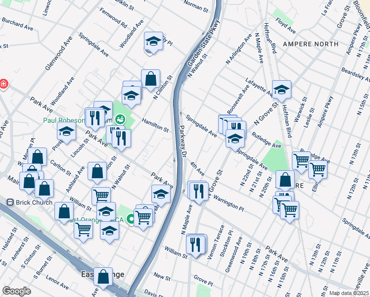 map of restaurants, bars, coffee shops, grocery stores, and more near 288 4th Avenue in East Orange