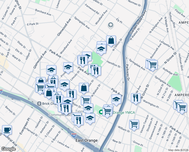 map of restaurants, bars, coffee shops, grocery stores, and more near 413 Park Avenue in East Orange