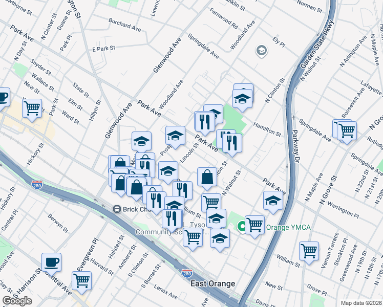 map of restaurants, bars, coffee shops, grocery stores, and more near 122 Summit Street in East Orange