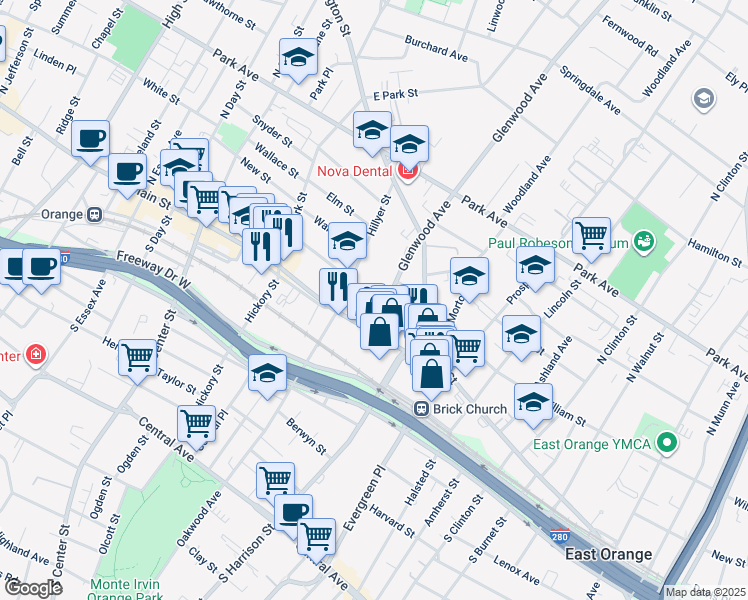 map of restaurants, bars, coffee shops, grocery stores, and more near 33 Main Street in City of Orange