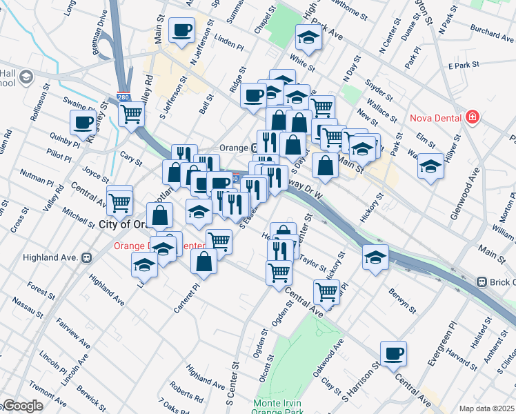 map of restaurants, bars, coffee shops, grocery stores, and more near 313 Henry Street in City of Orange