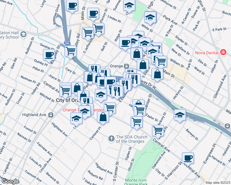 map of restaurants, bars, coffee shops, grocery stores, and more near 350 Henry Street in City of Orange