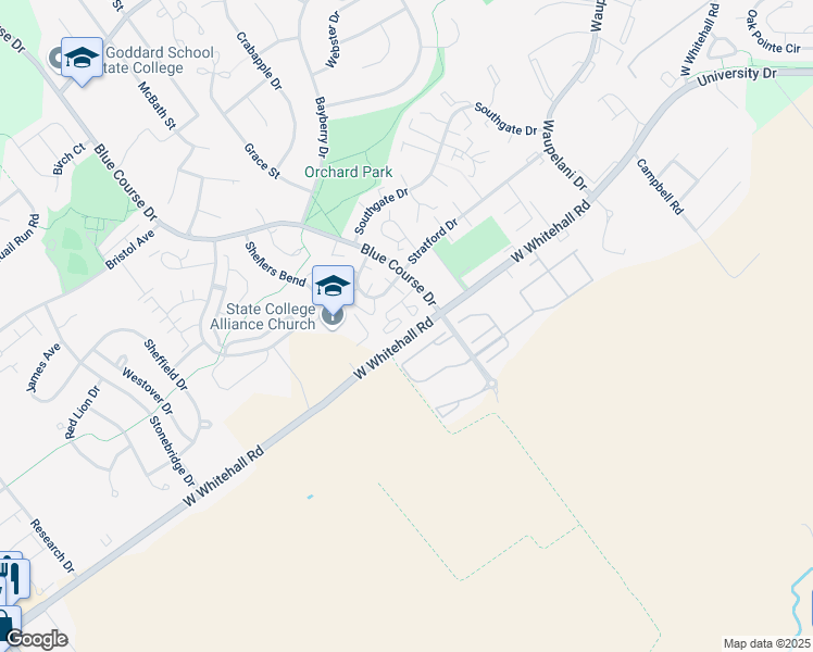 map of restaurants, bars, coffee shops, grocery stores, and more near 933B West Whitehall Road in State College