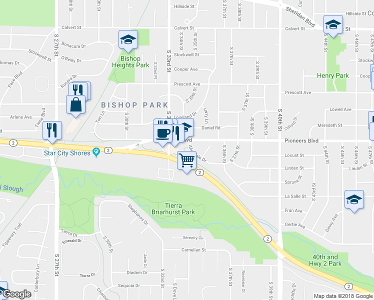 map of restaurants, bars, coffee shops, grocery stores, and more near 4322 South 33rd Street in Lincoln