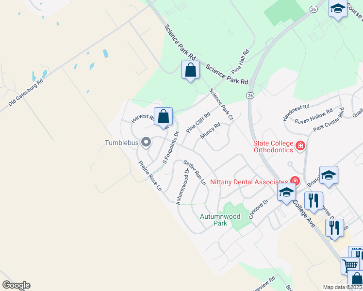 map of restaurants, bars, coffee shops, grocery stores, and more near 2199 Pine Cliff Road in State College